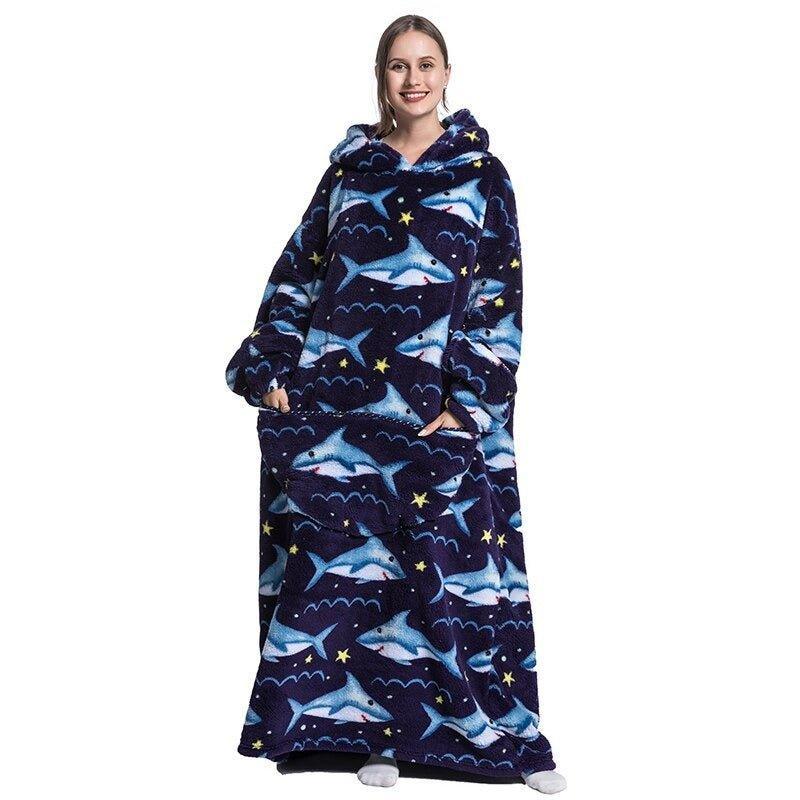 Shoodie Haai Donkerblauw XL | Heb het nooit meer koud met deze warme fleece hoodie deken!!